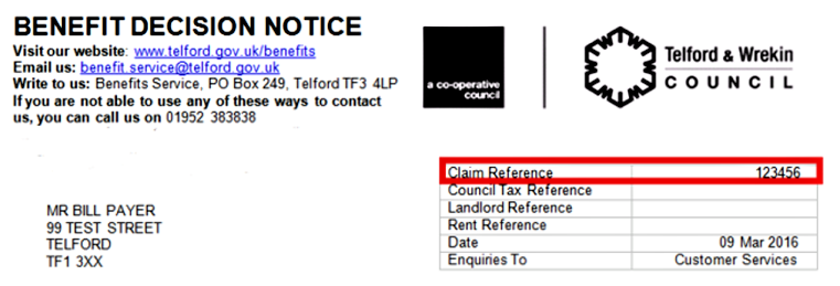 An example of the top of a Housing Benefit notification letter, showing the Claim Reference number highlighted in a red rectangular box