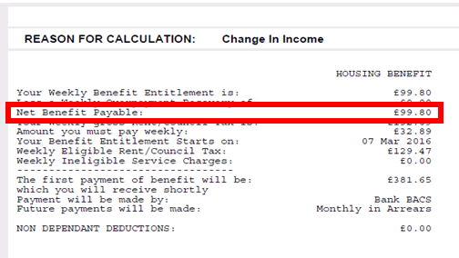 An example of part of a Housing Benefit notification letter, showing the Net Benefit Payable highlighted in a red rectangular box