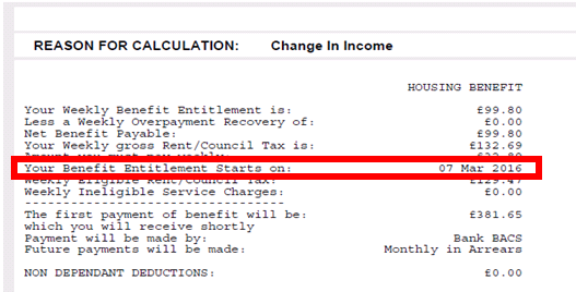 An example of part of a Housing Benefit notification letter, showing the benefit entitlement start date highlighted in a red rectangular box