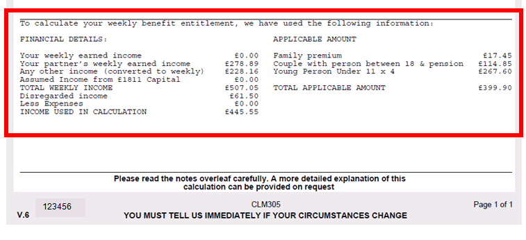 An example of the bottom of a Housing Benefit notification letter, showing how the entitlement has been worked-out highlighted in a red rectangular box