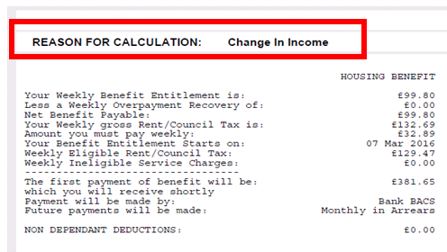 An example of part of a Housing Benefit notification letter, showing the Reason For Calculation section heading highlighted in a red rectangular box