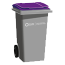 Image of a grey bin with a purple lid.