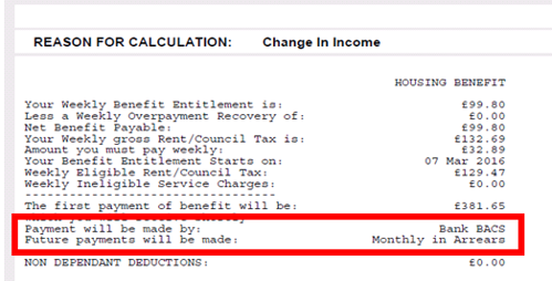 An example Housing Benefit award letter showing the frequency of when future payments will be made highlighted by a red rectangular box