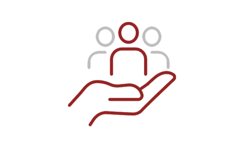 Icon of an open hand supporting three stylised people figures. The hand is outlined in teal, with one central figure in red and two figures in grey on either side, representing community support, care, or people-focused services.