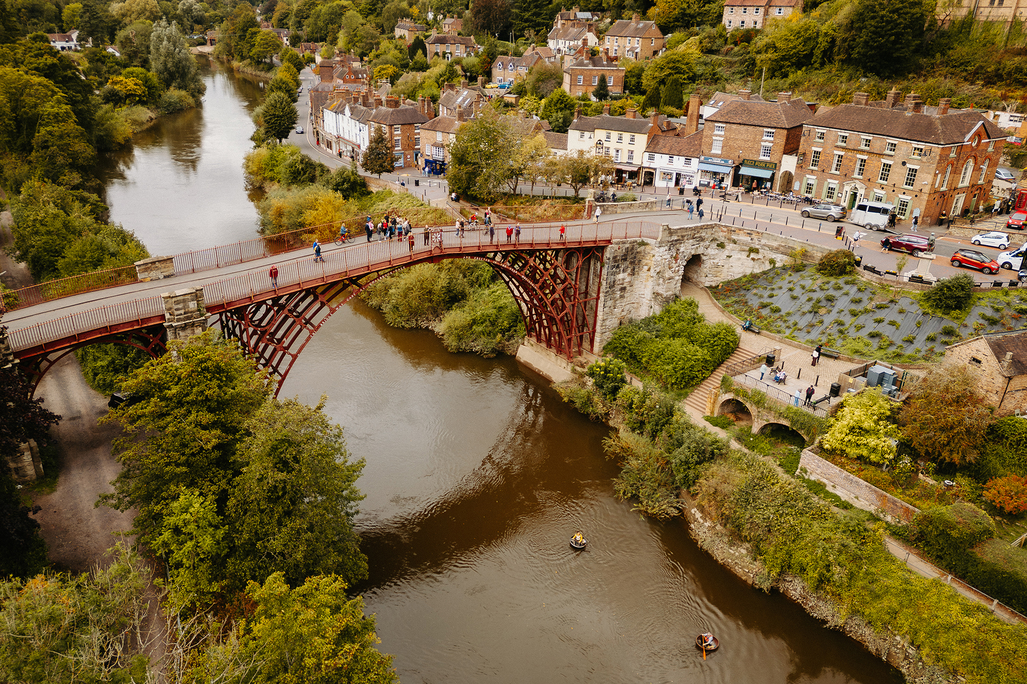 An aerial view looking over Ironbridge.