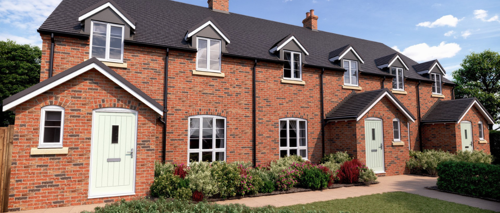 An exterior photograph of a new build terraced house