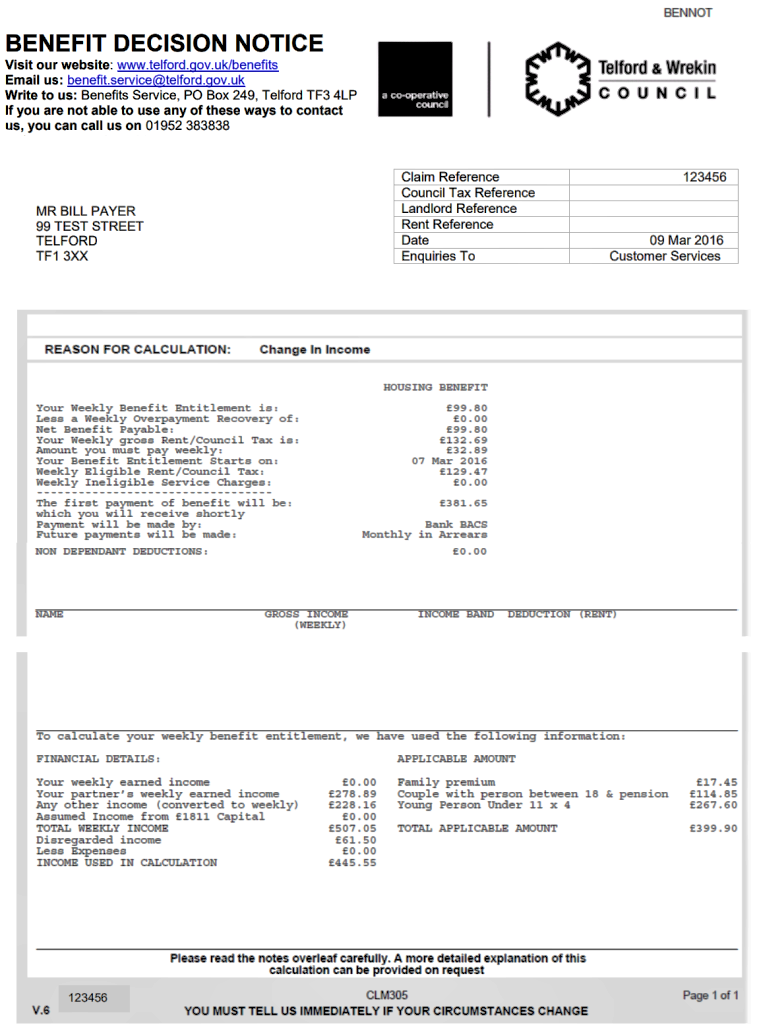 An example of a Housing Benefit notification letter, showing all the sections described on the 'Introduction' page.