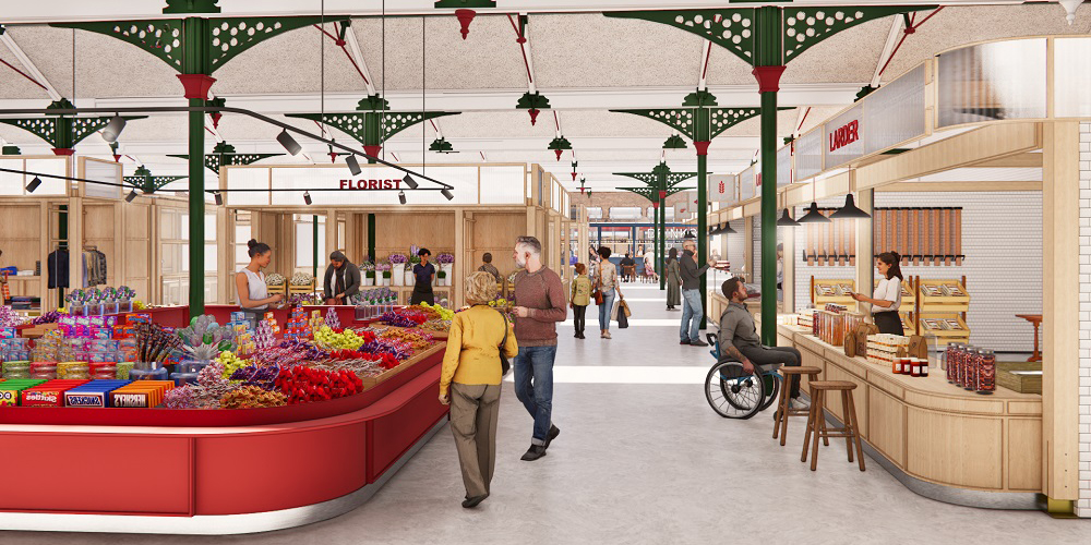 An artist's impression of people at the food counter inside of Wellington Market An artist's impression of people at the food counter inside of Wellington Market