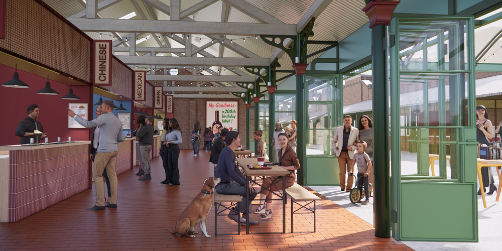 An artist's impression of people socialising and buying food inside of Wellington Market An artist's impression of people socialising and buying food inside of Wellington Market