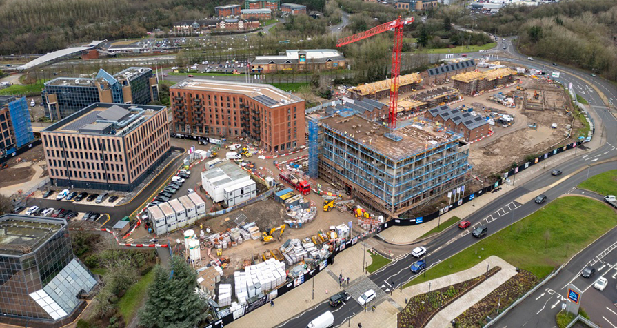 An aerial image of the construction works at Station Quarter, Telford.