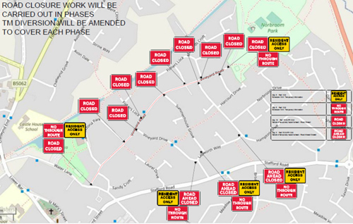 Map of the Road Maintenance: Resurfacing, Drainage repairs, Kerbs and footway patching, along with speed cushion installation for Vineyard Road, Newport.