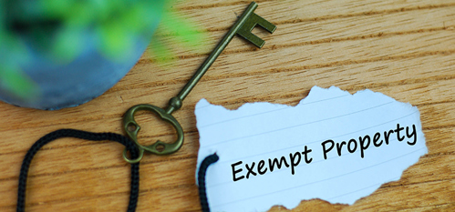 Key and torn paper with text exempt property on wooden background