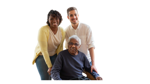 A young couple standing behind an older person sitting in a chair
