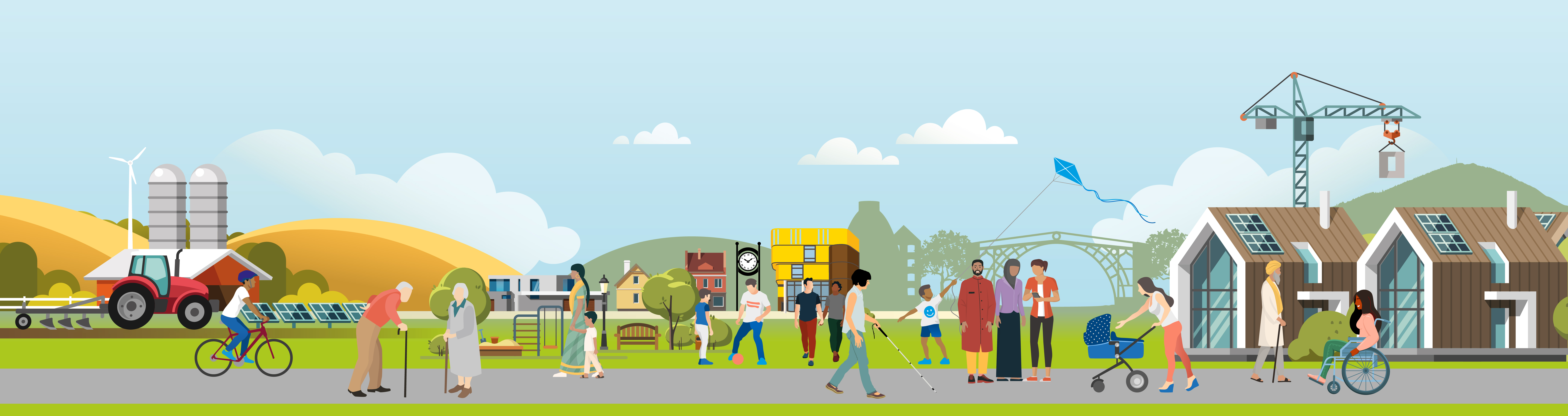 Illustration of a diverse community scene showing rural and urban areas, people of all ages and abilities, renewable energy sources, and buildings under construction—highlighting sustainability and inclusion. Illustration of a diverse community scene showing rural and urban areas, people of all ages and abilities, renewable energy sources, and buildings under construction—highlighting sustainability and inclusion.