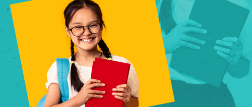 A photograph of a child holding a red book and blue backpack.