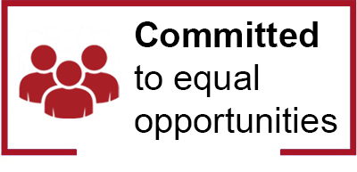 Illustration of a red outlined box with the text "Committed to equal opportunities" in the centre
