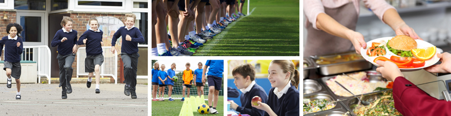 A banner showing children at school eating healthy foods and taking part in physical activities