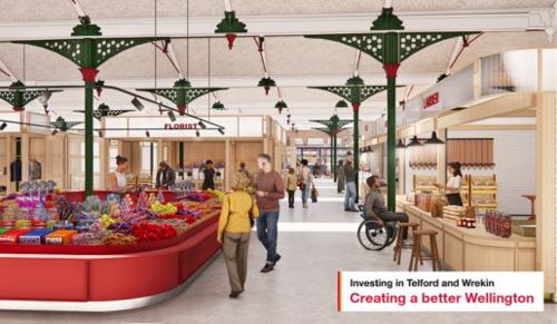 An artist's impression of people standing at a food court inside Wellington market, this impression is how the market will look after the redevelopment project.
