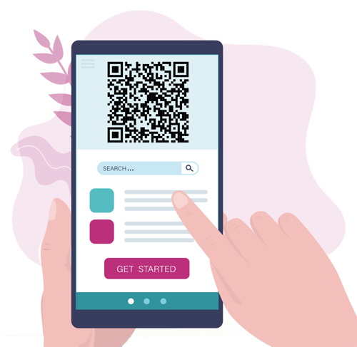 Illustration of a person using a smartphone displaying a large QR code at the top of the screen. (1)