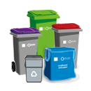 Purple top, green bin, red top bin, cardboard bag and food waste bins