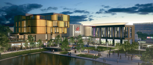 An illustration showing an artists impression of Southwater Lake and surrounding buildings