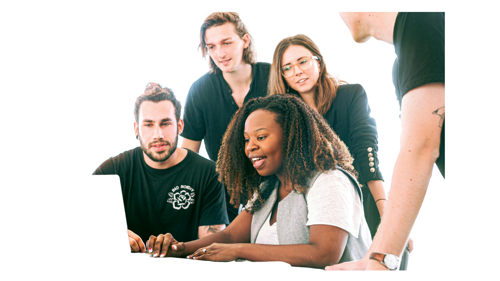 A group of people huddled around a laptop