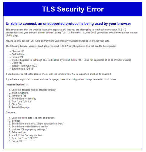 A screenshot showing the error message shown if you are unable to make a payment online.
