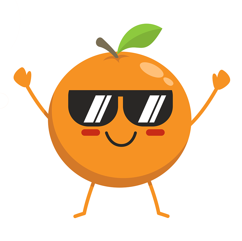 Cartoon illustration of a whole orange character with a leaf and stem, wearing black sunglasses, smiling, and raising both arms against a light background.