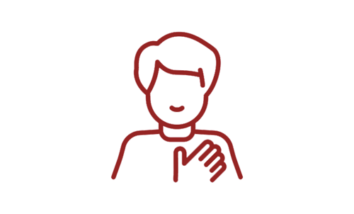 Icon of a person with a hand placed on their chest, outlined in purple. The simple line illustration represents self-help, personal wellbeing, self-care, or taking positive action to support mental health and wellbeing. (1)