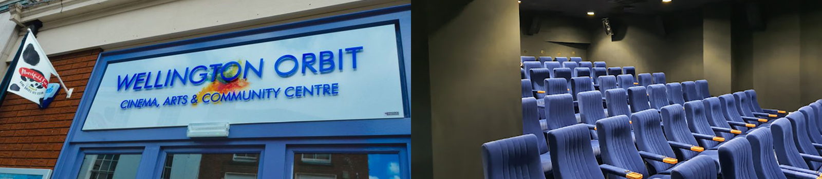 A picture of the outside entrance of Wellington Orbit to the left of the picture, and to the right of the picture is an inside view of the conference room.