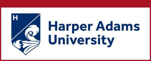 A picture of Harper Adam's university logo on a deep blue background.