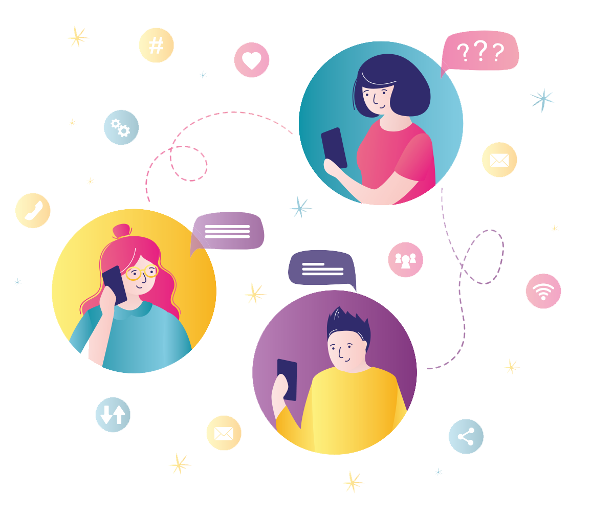 Illustration of three people using smartphones to communicate. Speech bubbles, social media, email, phone, Wi-Fi and sharing icons surround the figures, representing digital communication, online support and staying connected through technology.