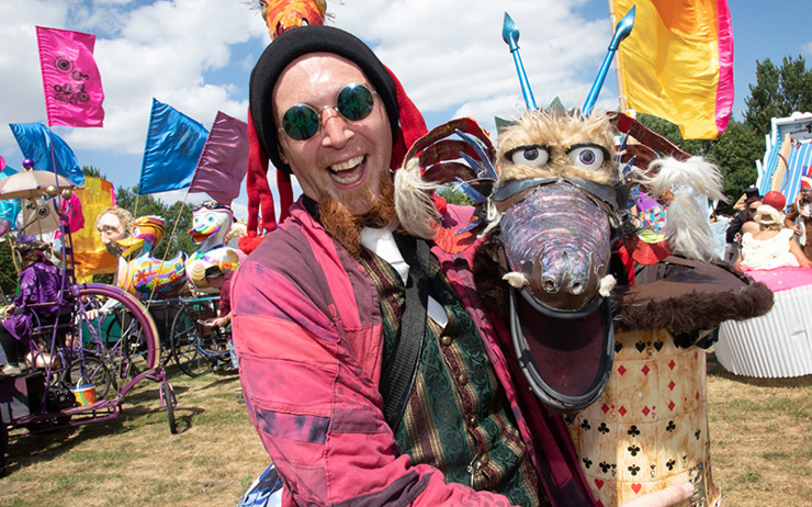A photo of a man with his props at the Telford Carnival