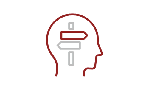 Icon of a human head outlined in purple with directional signposts inside. 