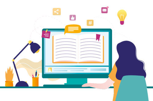 Illustration of a person sitting at a desk and viewing an open book on a computer screen, representing online learning or reading. (1)