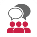 Illustration of three people coloured in red with two speech bubbles coloured in grey directly above them.