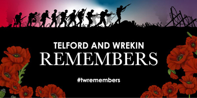 An illustration of soldiers in battled surrounded by poppies, in scripted with Telford and Wrekin Remembers with #twremembers