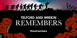 An illustration of soldiers in battled surrounded by poppies, in scripted with Telford and Wrekin Remembers with #twremembers