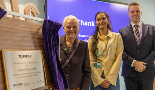 A photograph of Councillor Shirley Reynolds, a second-year A-Level student, and the Principal of Telford College at the opening of Telford 6th.